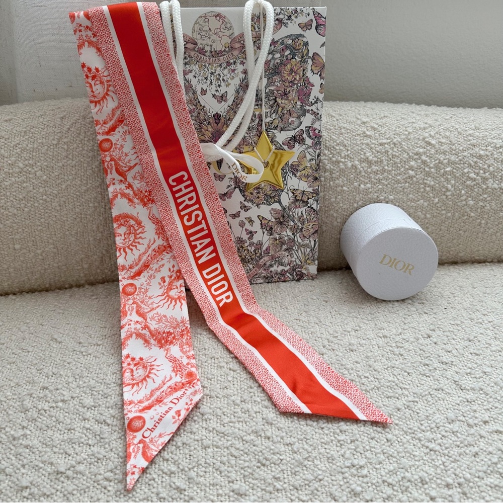 SOLD ❌ Dior Dioriviera Toile de Jouy Soleil Mitzah Silk Scarf | Orange / Coral - Picture 2 of 12